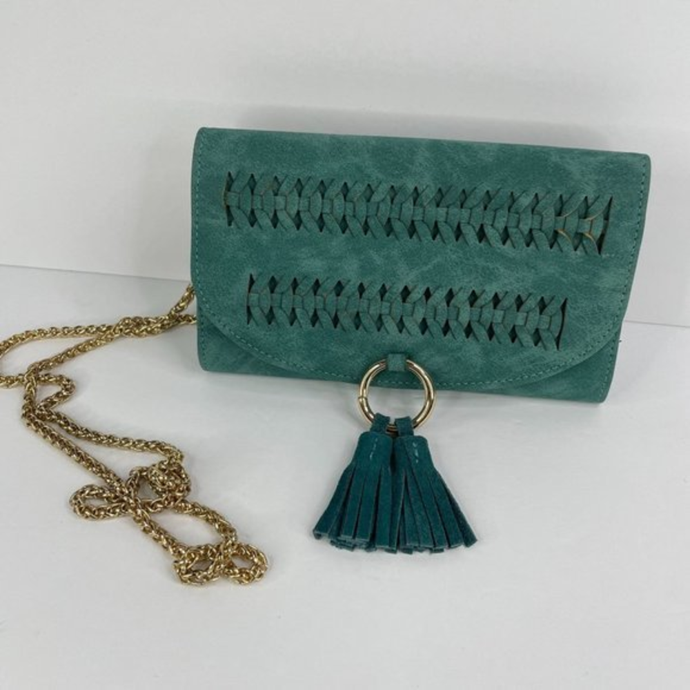 Street Level Green Faux Leather Purse‎ Clutch Removable Gold Chain Tassels